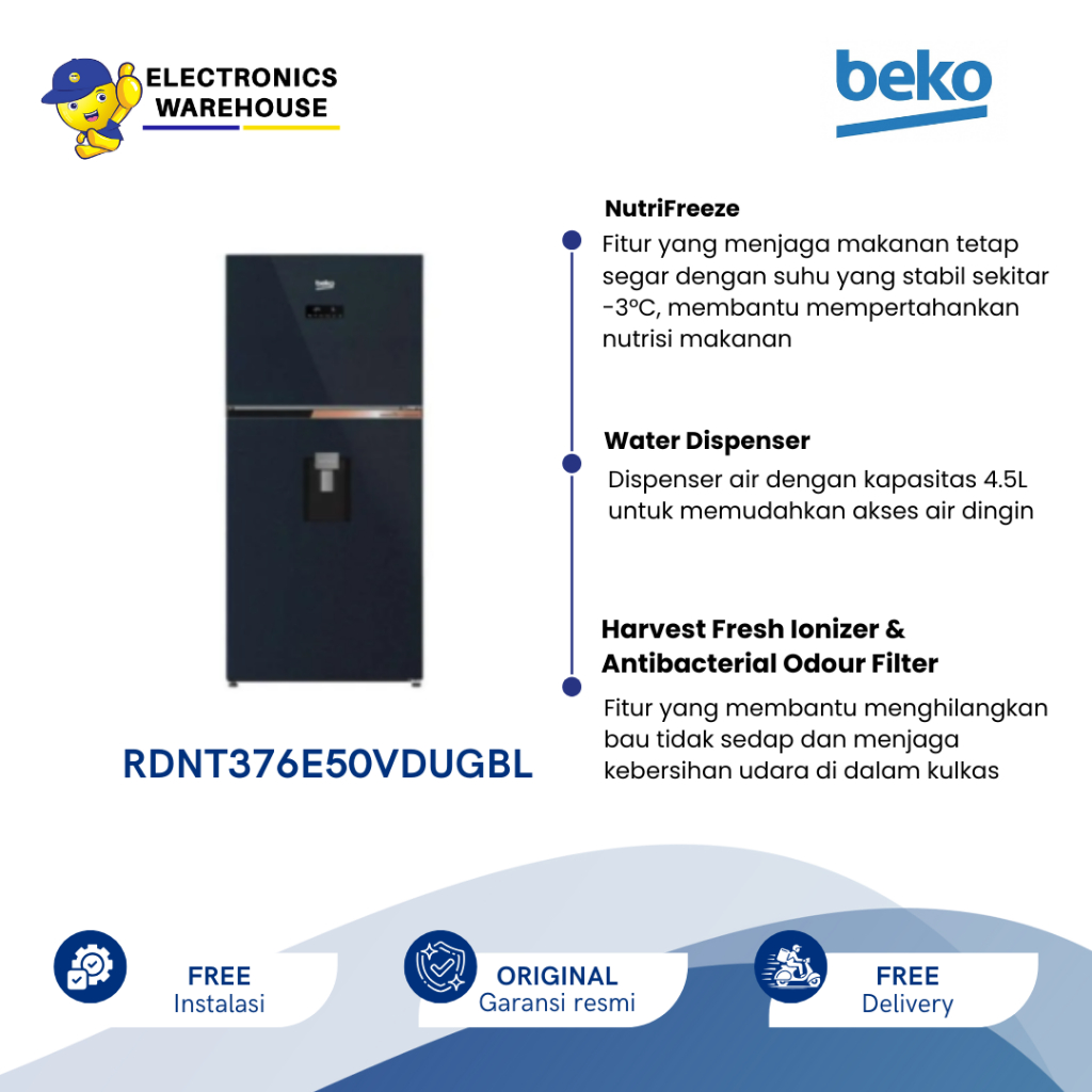 Beko Kulkas 2 Pintu RDNT376E50VDUGBL dengan Dispenser Air 375 L