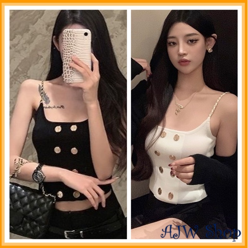 Tank Top Wanita Crop Rajut Tali Strap Rantai Kancing