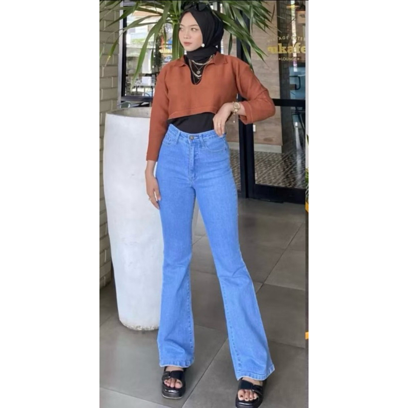 Celana Jeans Hw Cutbray Cakar Wanita Snow Blue CYG