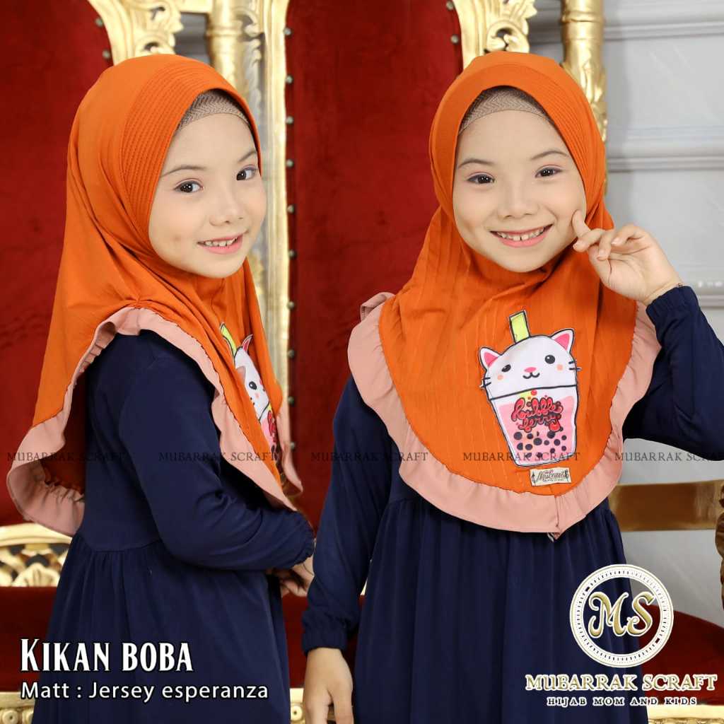 Hijab Boba Anak Umur 3 4 5 6 Tahun Jilbab Jersey Kerudung Instan Plisket Karakter Boba Kucing