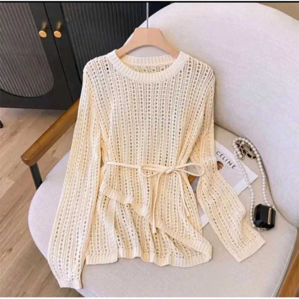 Yuruma Outer Jaring Tali Rajut Wanita -  Celine Sweater Rajut Putih Atasan Rajut Style Korean
