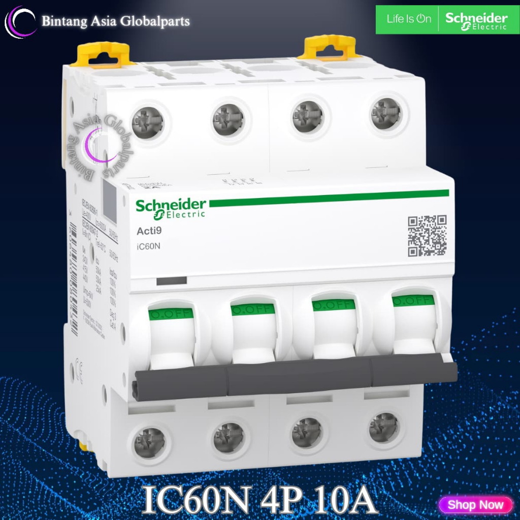 MCB 4p 10a Schneider iC60N Original / MCB 4 Phase 10 Ampere A9F74410 / MCB 4 Pole 10a 6kA