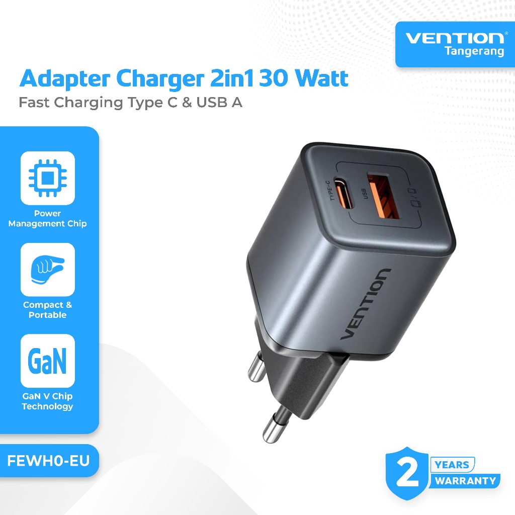 Vention Adapter Kepala Charger 2 in 1 30W Type C - USB A GaN5 Dash Series Fast Charging - FEWH0-EU