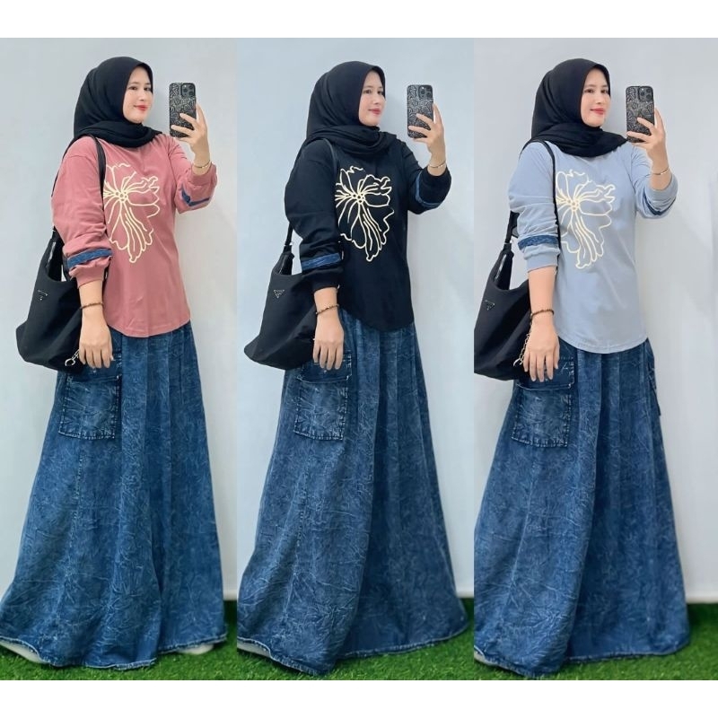 SET ROK WANITA || set wanita jeans || set jeans mix cotton combat ||set rok wanita jumbo muat BB 85k