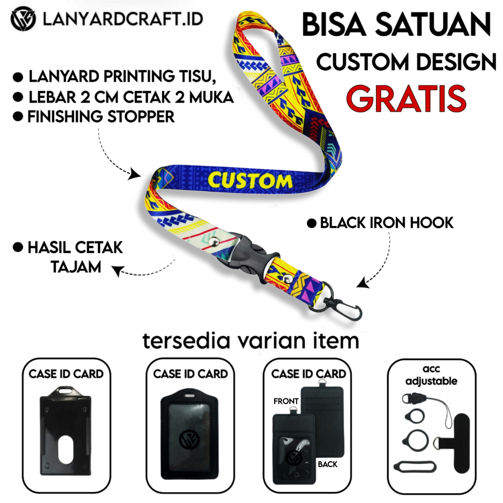 

[CUSTOM SATUAN] Custom Lanyard Size 2cm Type VR-BH Lanyard Id Card Printing / Lanyard Custom Desain Satuan