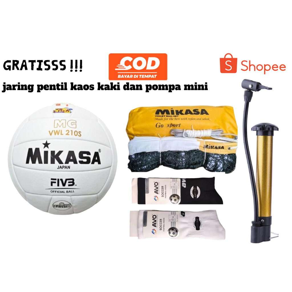 PAKET 1 SET BOLA VOLLY VOLI + NET + KAOS KAKI MIKASA NASSAU MOLTEN ORIGINAL/GRATIS POMPA DAN PENTIL 