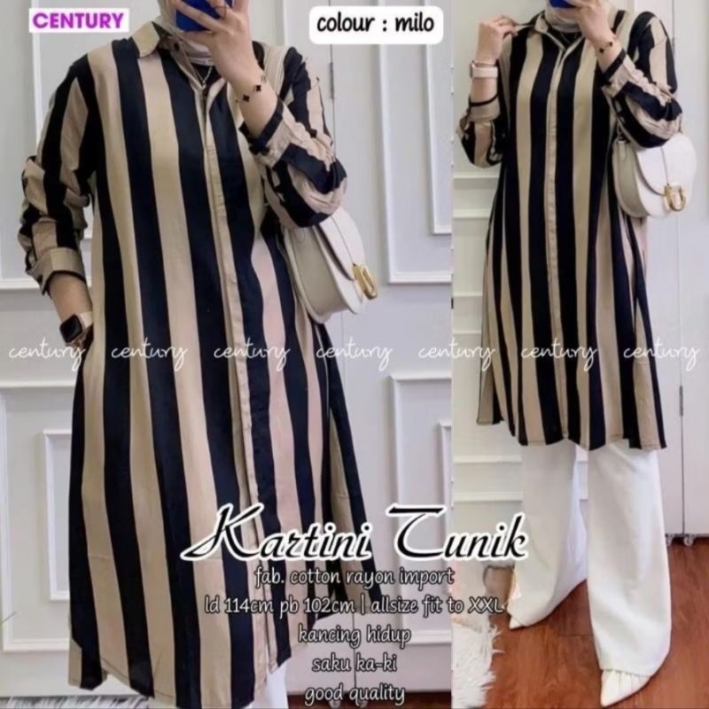 Tunik Muslim Lengan Panjang Motif Salur Bahan Katun