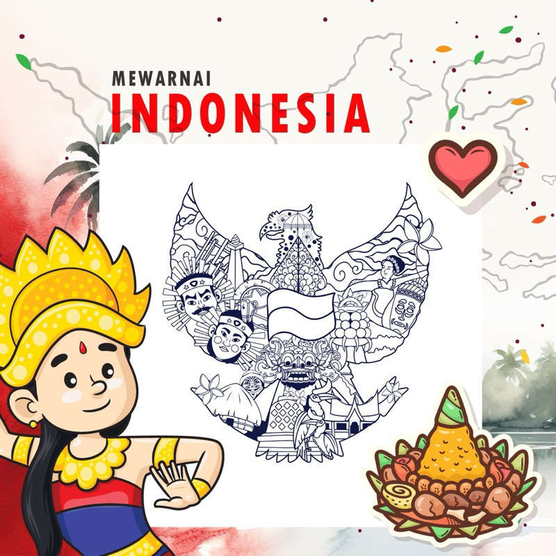 

25 Lembar A5 - Kertas Mewarnai Tema Indonesia - Garuda - Jogja - Lampung - Bali