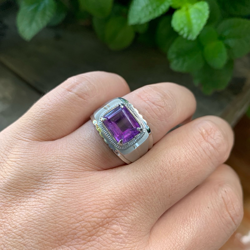 Cincin Batu Natural Ametys Quartz Memo Kecubung Ungu Melintang Ring Monel Doff Handmade