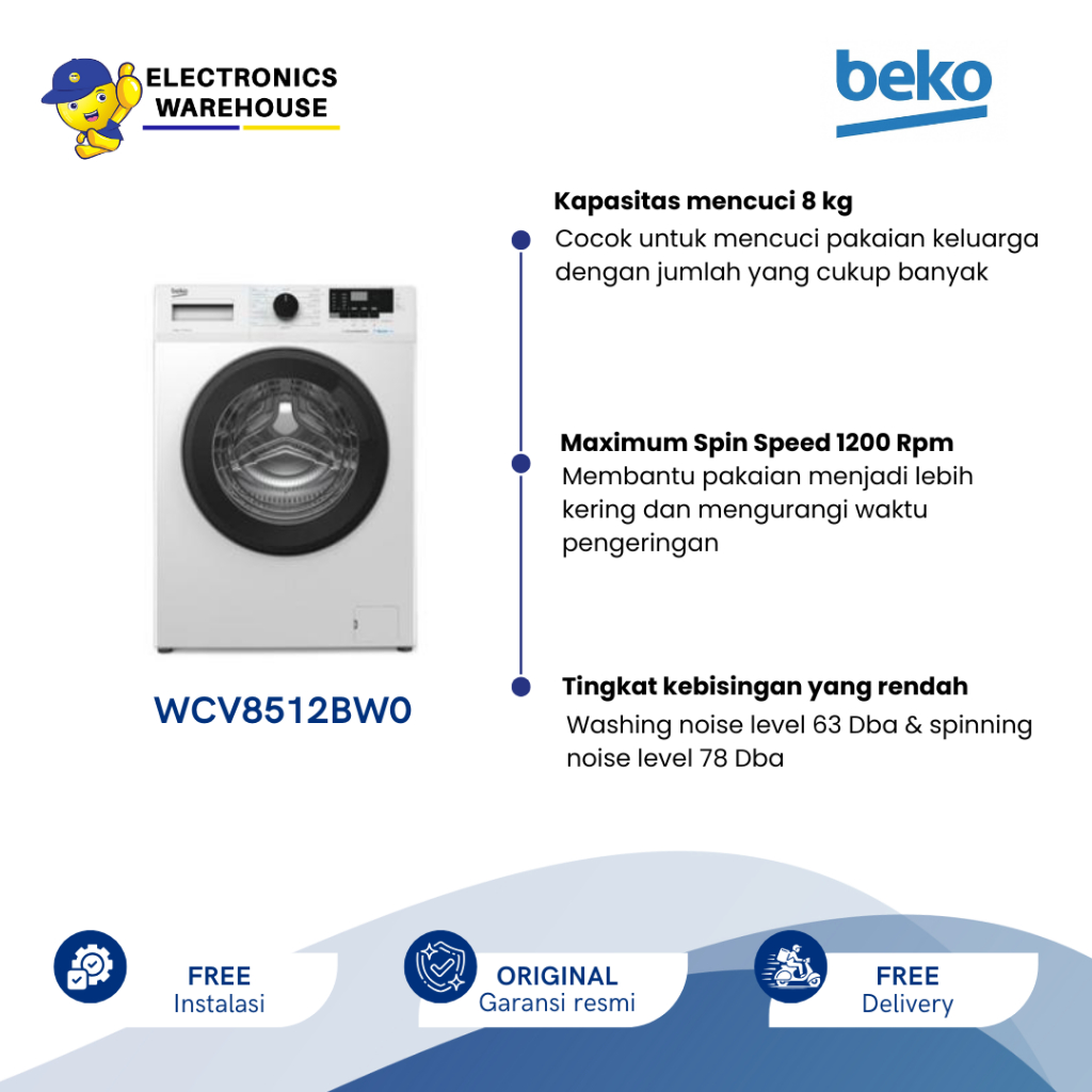 Mesin Cuci Beko Front Loading 8 Kg WCV8512BW0 WCV 8512 BW0