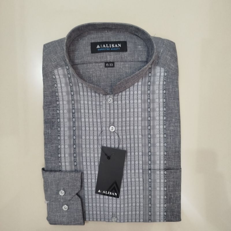 Alisan Koko Fashion Motif Segi Empat Abu Abu Lengan Panjang Reguler