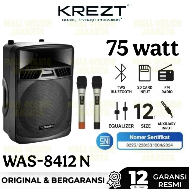 Speaker aktif Krezt 8412N 12 inch portable bluetooth wireless was 8412 N
