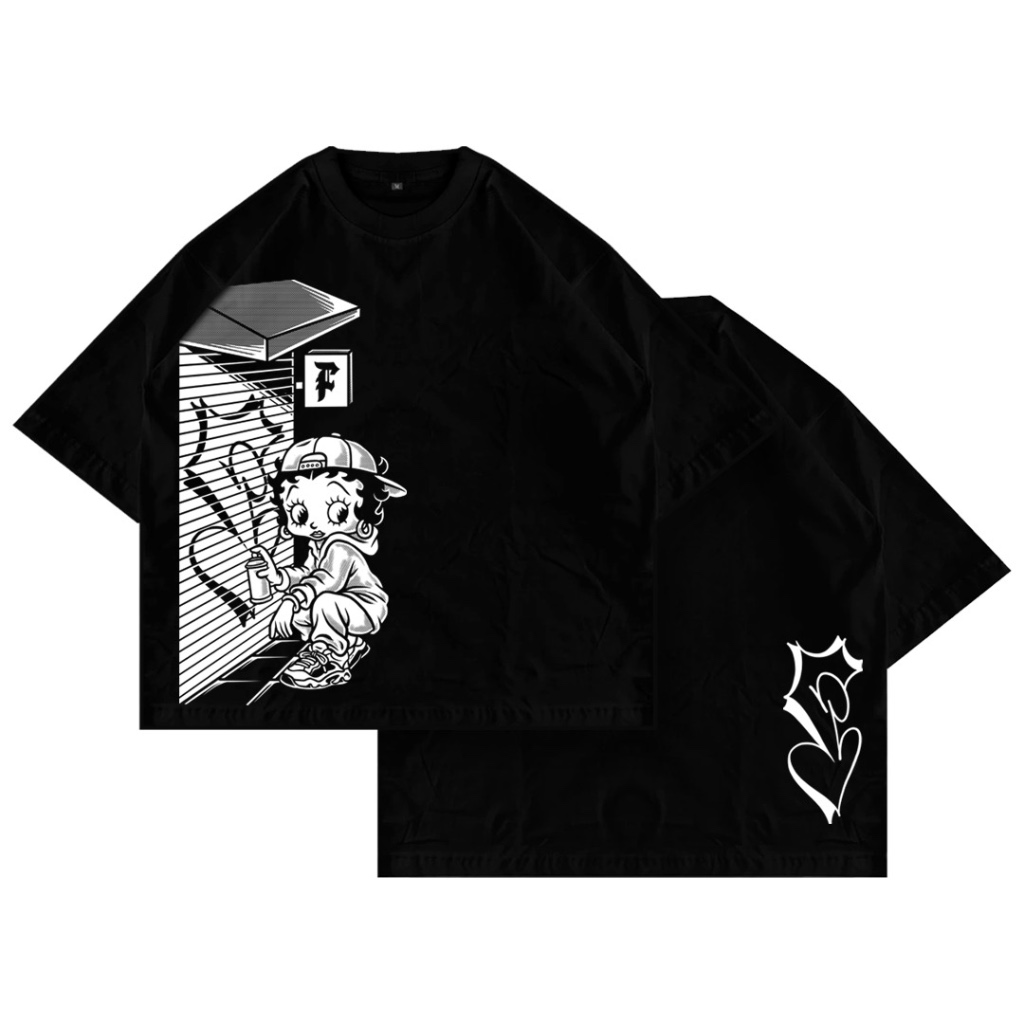 Fakelab Boxy Bombing Betty Boob  Black Tshirt / Ts Hitam Vintage Cartoon / Kaos Kartun