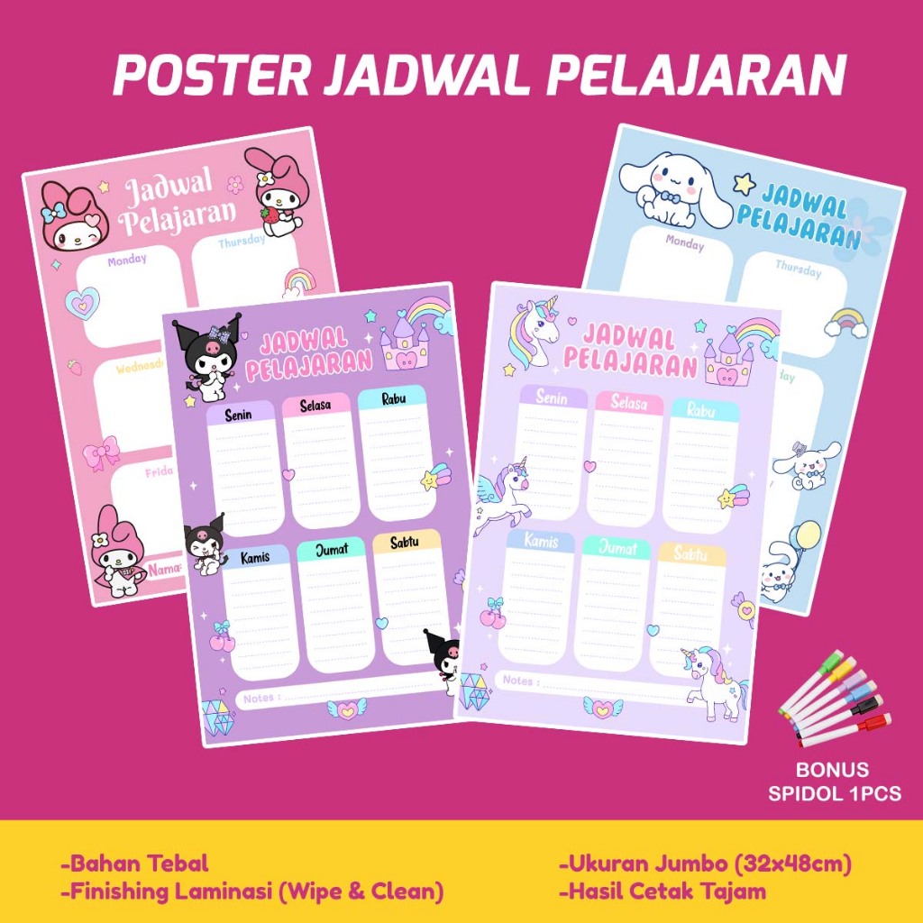 

Poster Jadwal Pelajaran PAUD TK SD Karakter Anak Kuromi Melody Cinnamoroll Unicorn Mermaid