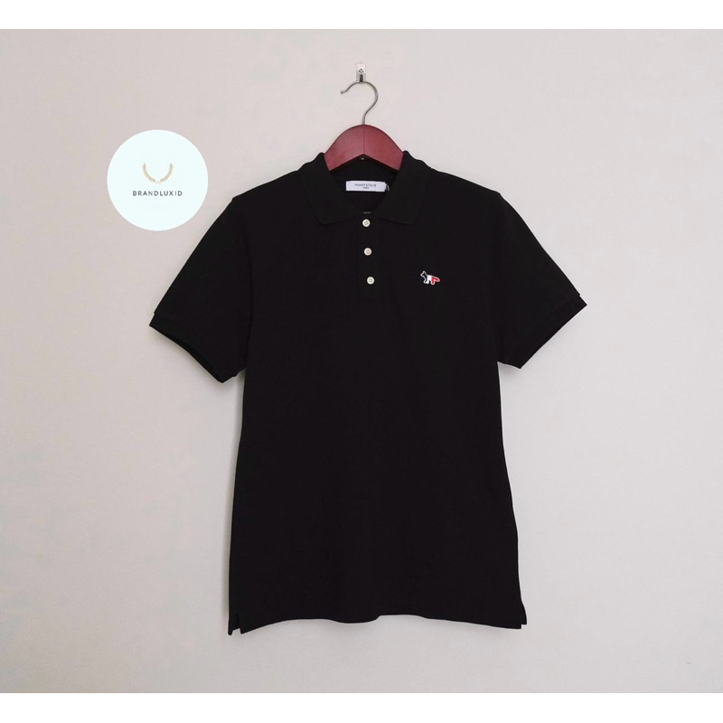 Maison Kitsune Polo Shirt Tricolor Fox Patch Short Sleeve in Black