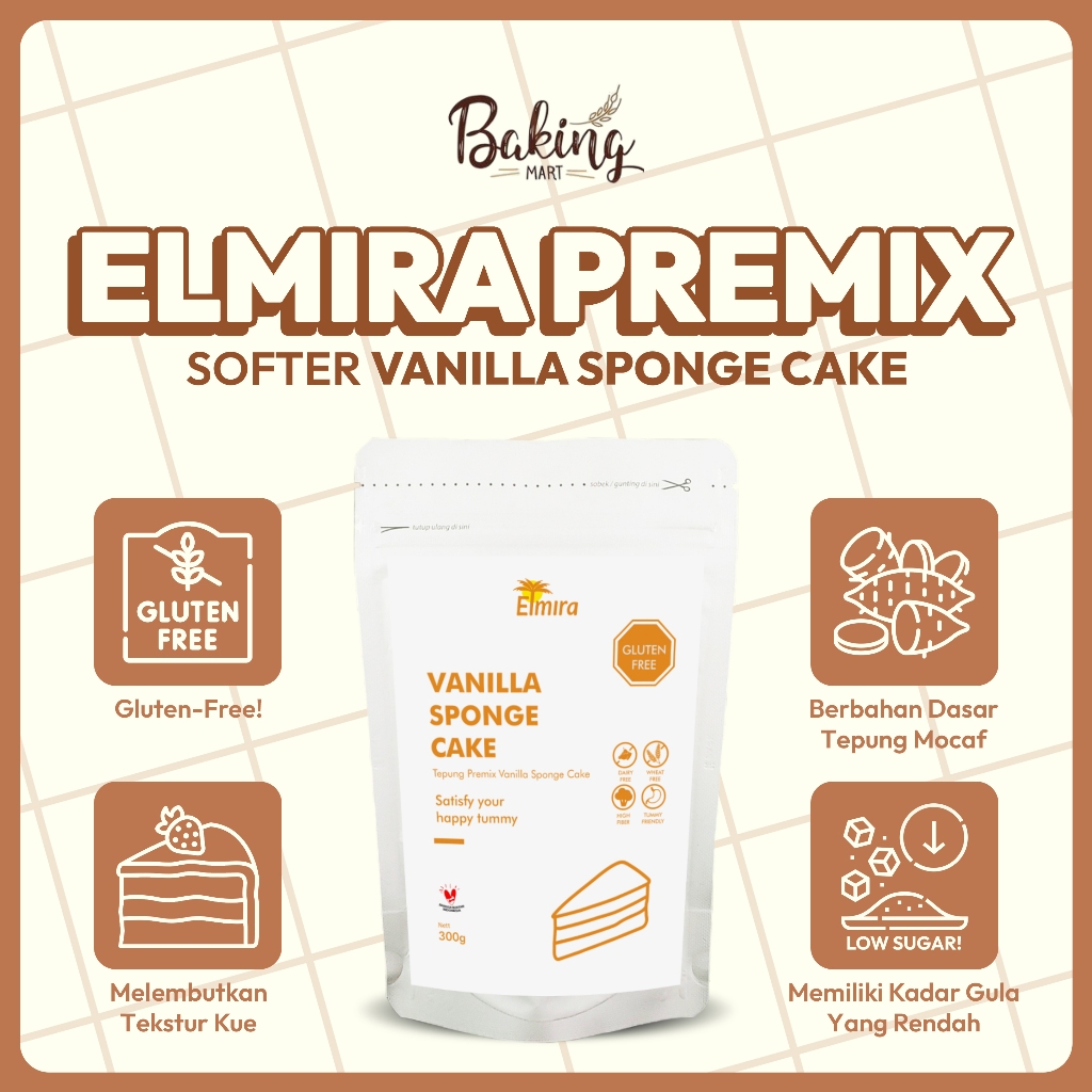 

Vanilla Sponge Cake Premix 1 kg Elmira / CupCake / Chiffon / Gluten Free Cake / Kue Bebas Gluten / Bolu Bebas Gluten