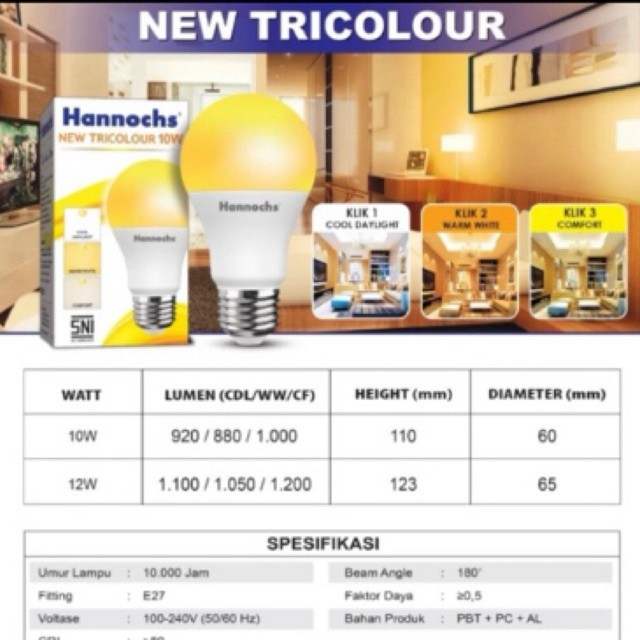 Hannochs LED Lamp Tricolour 12 Watt - Lampu LED Hannochs 12 Watt