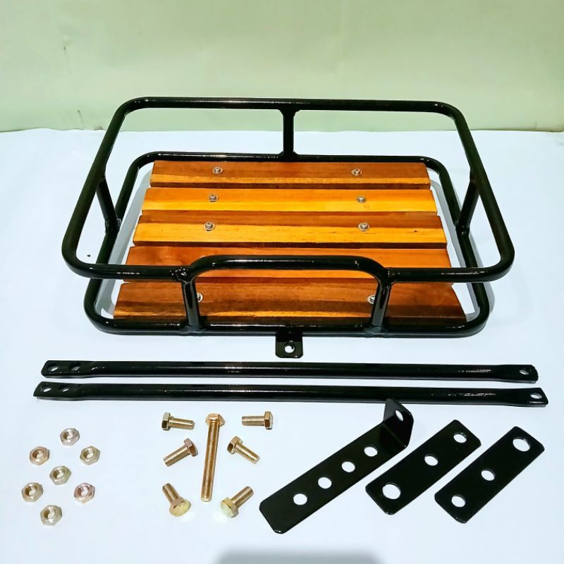 Keranjang Sepeda Rak Depan Besi Alas Kayu Klasik Cat Hitam/Chrome