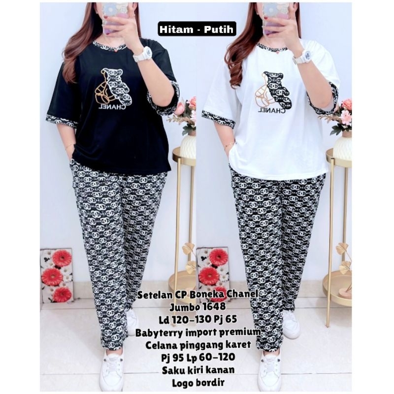 Setelan Celana Panjang Jumbo LD120-130 Bahan Babyterry Gambar Bordir Celana Pinggang Karet