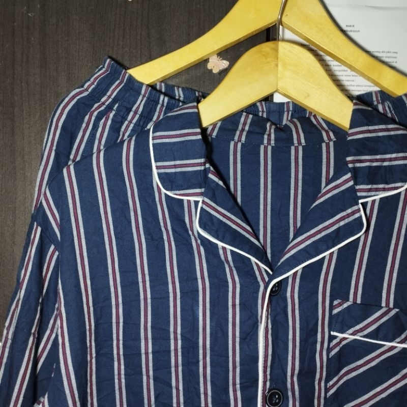 SET PIYAMA KATUN PANJANG PREMIUM GU NAVY SALUR PUTIH