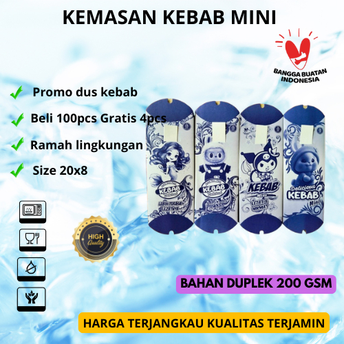 

Kemasan Tempat Kebab Mini Bahan Duplek 200 Gsm , Dus Kebab Mini 1Warna , Kertas Bungkus Kebab Ungu Kartun Viral isi 50 pcs