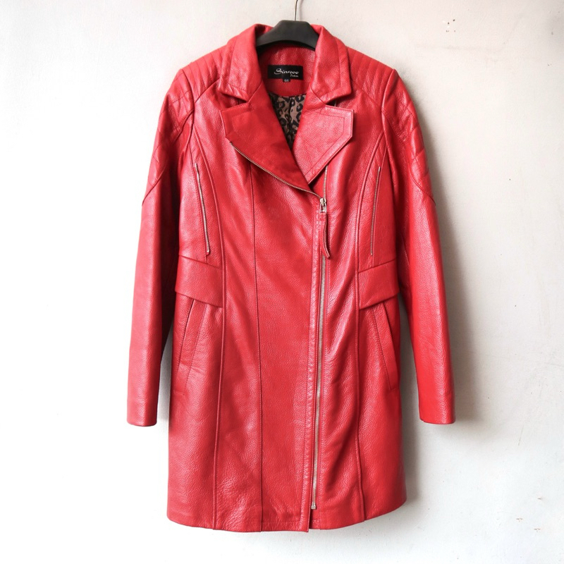 Jaket kulit asli merah long coat mantel blazer ramones cewek  jas mafia genuine leather Pl Bekas Pre