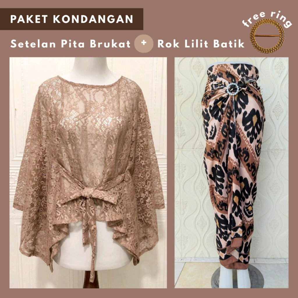 One Set Kebaya Modern Pita Brukat + Lilit Batik FREE Ring Setelan Kebaya Kekinian Wisuda Tulle Garde