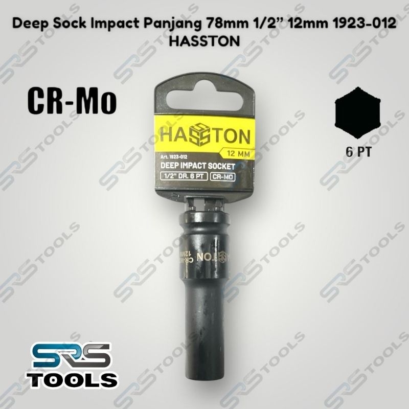 HASSTON 1923-012 Impact Deep Socket 1/2 Dr 6 Pt Long 12 mm / Mata Kunci Sok Shock Sock Hitam Pukul P