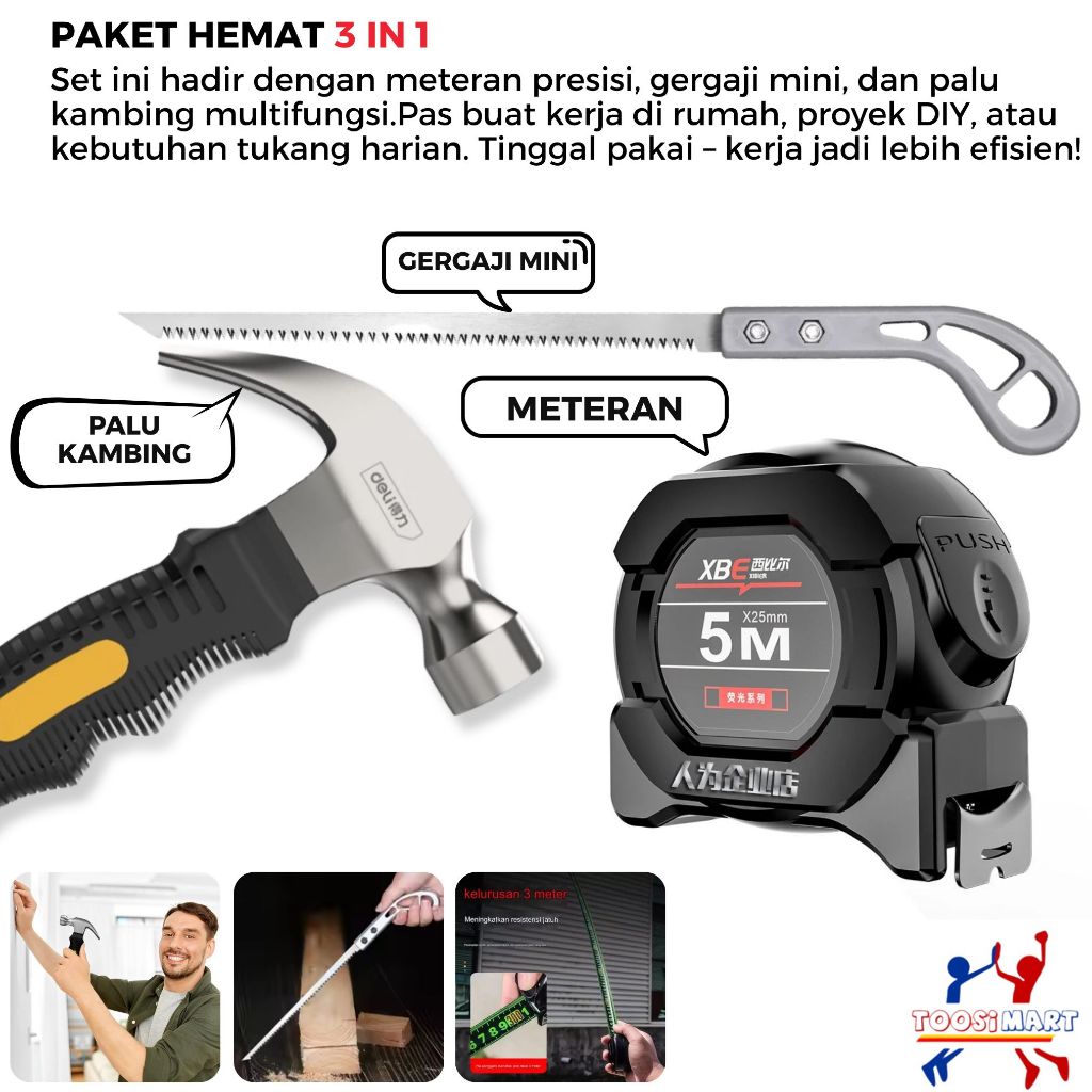 Mini Alat Tukang Bangunan Lengkap 1 Set 3 In 1 Meteran 5 Meter Gergaji Palu Kambing Simple Praktis