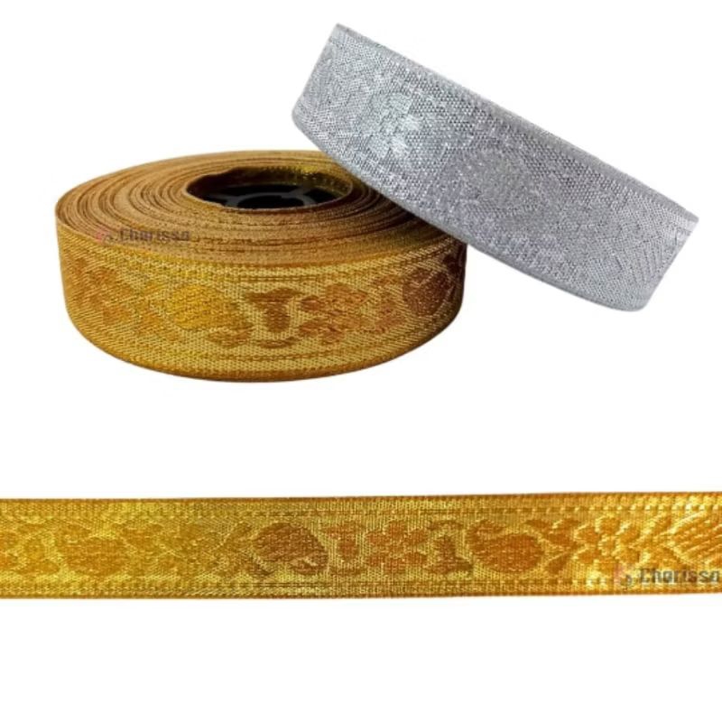 Renda tepi 2 cm/tepi LKDMT 3/4"/tepi isi +/- 15 meter/pita tepi bordir/renda motif mas silver/renda 