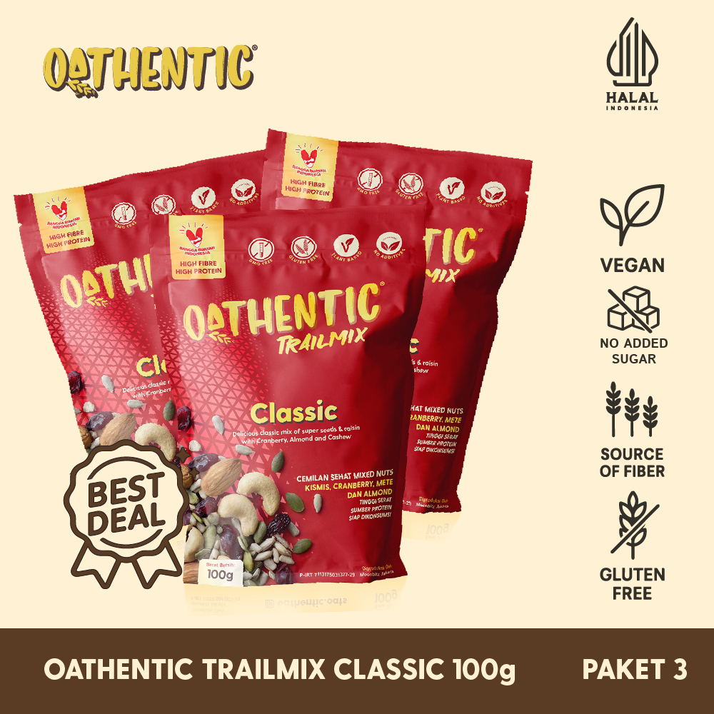 

3 Pcs Oathentic Trailmix Classic 100g | Cemilan Sehat Kacang Mixed Nuts Clean Label Minim Proses
