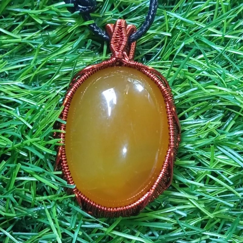 kalung liontin etnik wire wrapping batu akik Sunkist batu raja jumbo premium