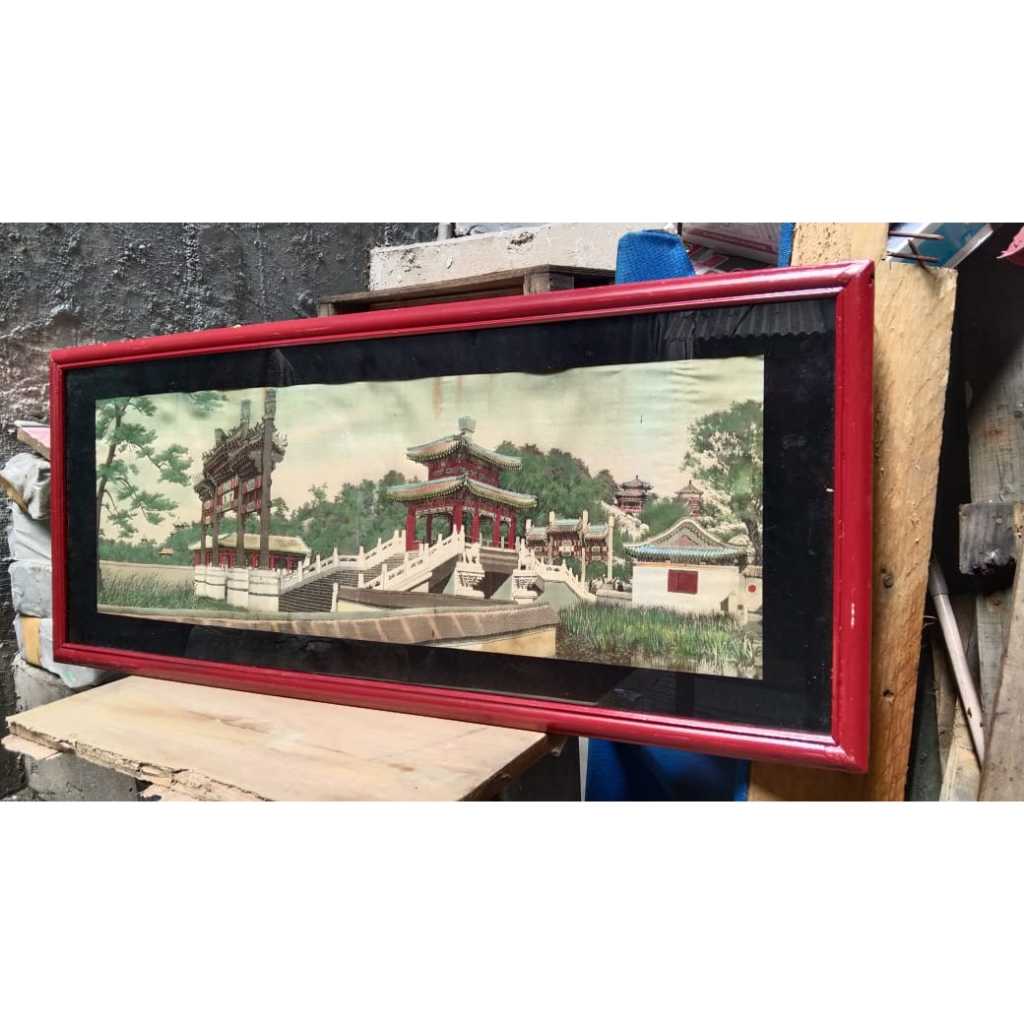 Lukisan Tenun Pemandangan Cina Bingkai Kaca Kuno Jadul Antik