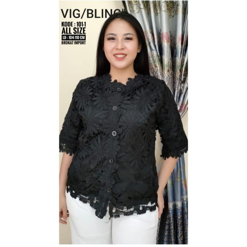 Khusus Hitam Atasan Full Brokat Import Lapis Furing Lengan 7/8 Kancing Depan Hidup