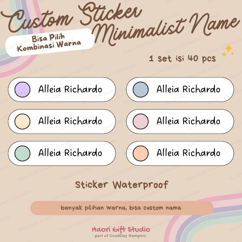 

[40 pcs] Custom Sticker WATERPROOF Nama Minimalis / Stiker Simple Custome Nama Bisa Pilih Kombinasi Warna TAHAN AIR