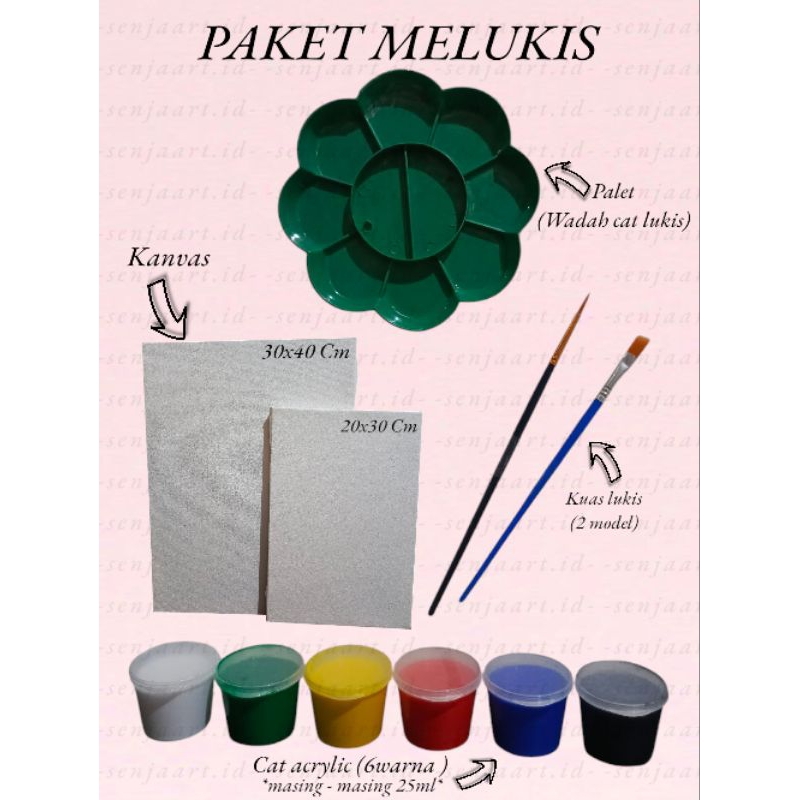 

Paket Melukis anak/dewasa 4in1 (kanvas, kuas, palet, dan cat lukis 6warna primer).