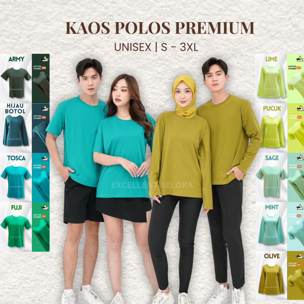 Excellent Design Kaos Polos Premium Lengan Pendek Lengan Panjang Pria Wanita Cotton Combed 24s S M L