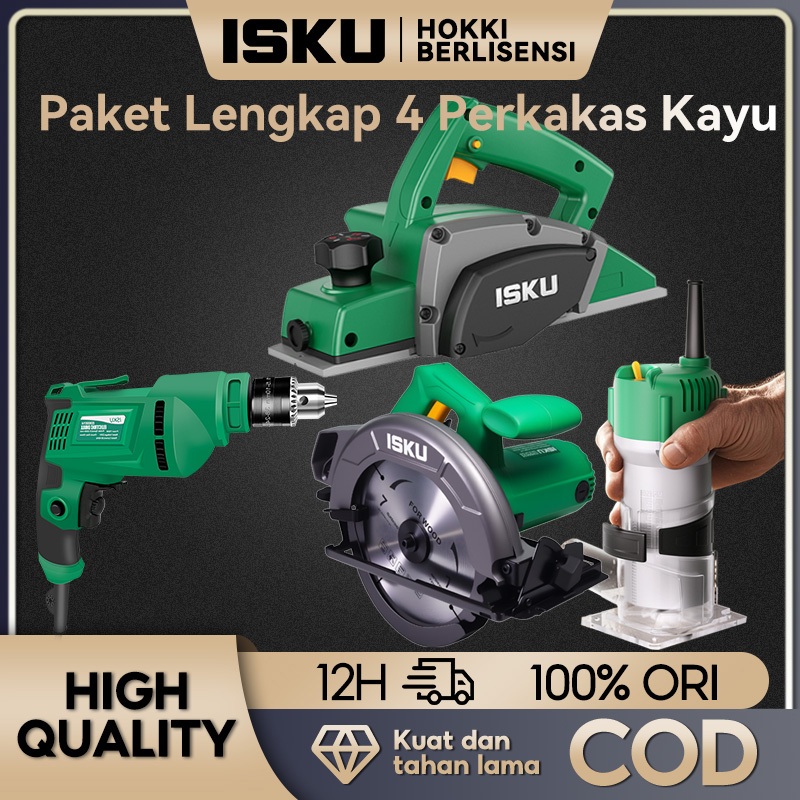 TERBARU ISKU Paket Lengkap 4 Alat Listrik Tukang Kayu Planer Listrik Gergaji Bundar Bor Listrik