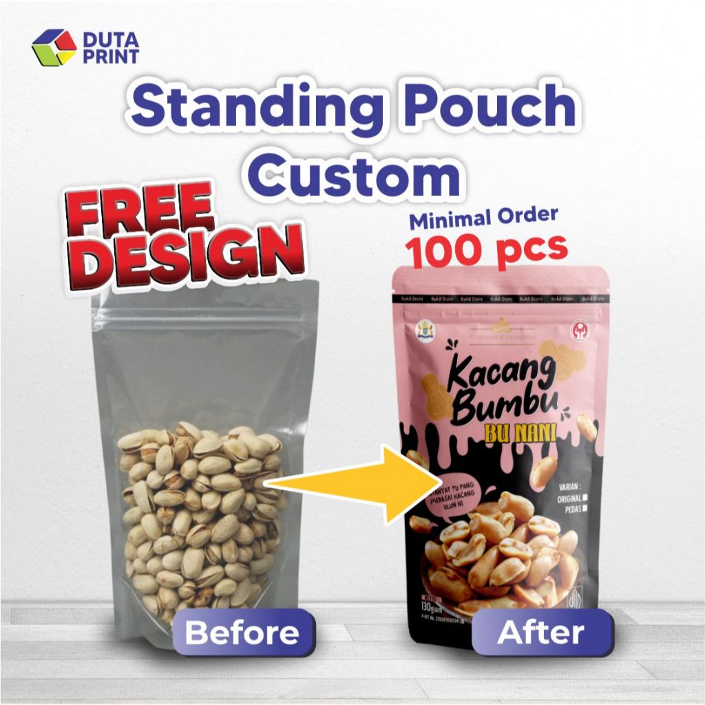

Kemasan Plastik Standing Pouch Custom Desain Full Print — Minimal Order 100 Pcs, Gratis Desain!