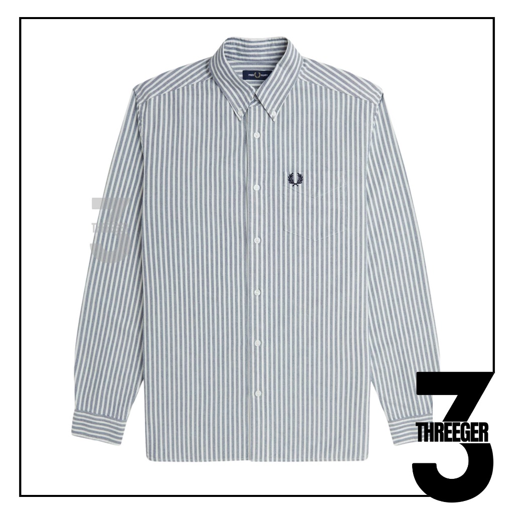 Fred Perry Striped Oxford Long Sleeve Shirt Field Green Original / Kemeja Fred Perry Original