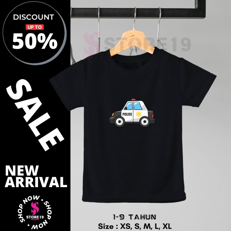 BAJU KAOS ANAK MOTIF MOBIL POLISI, BAJU ANAK UNISEX, DISTRO, TSHIRT, ATASAN ANAK 1-9 TAHUN