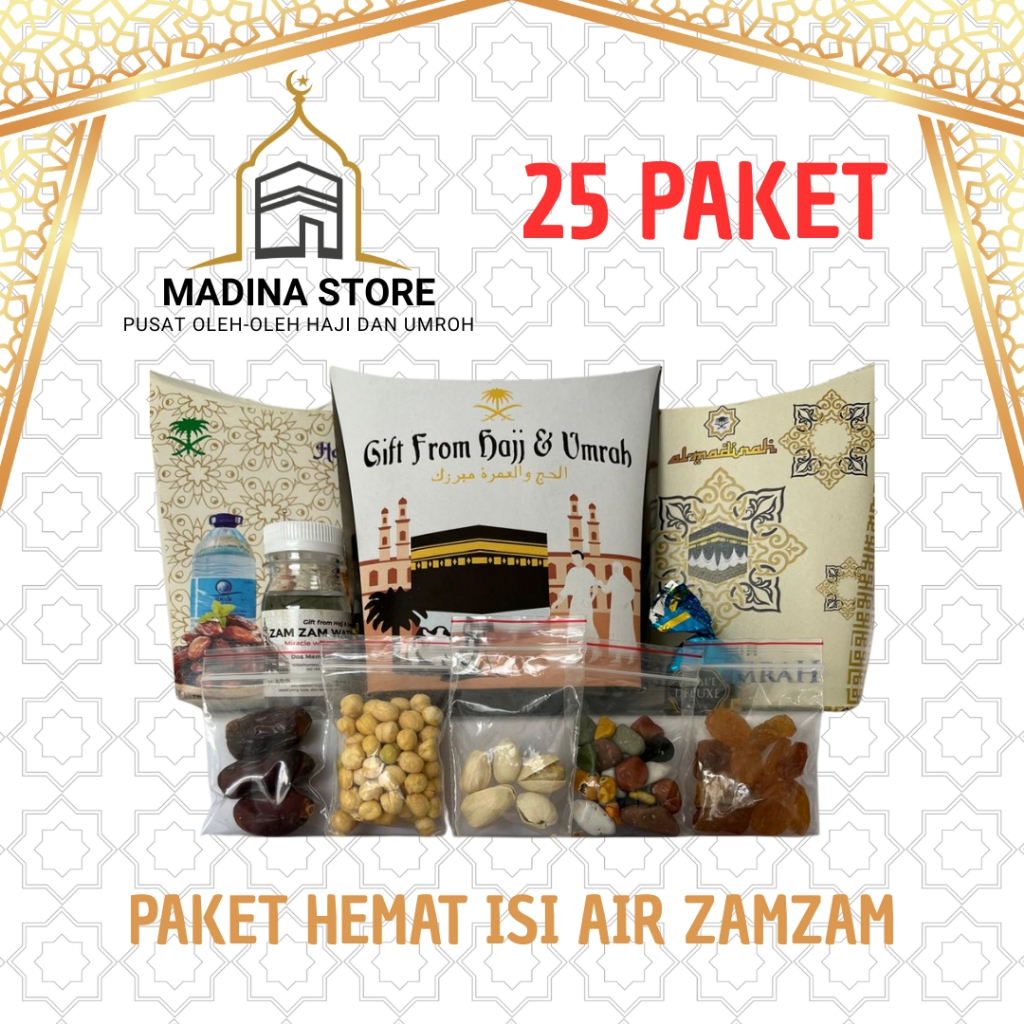 

Paket Hemat 25pcs Oleh-oleh Haji dan Umroh Paket 25 Dus isi Air Zamzam