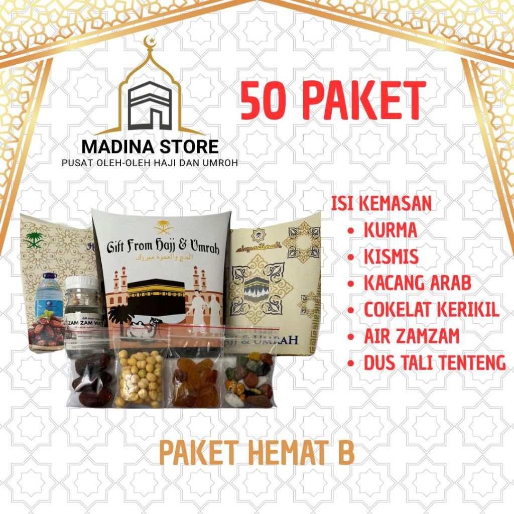 

Paket Hemat 50pcs Oleh-oleh Haji dan Umroh Paket B isi Air Zamzam
