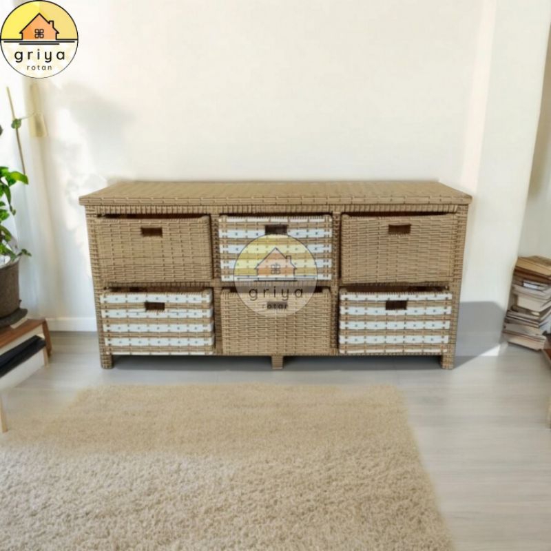 Meja Tv Rotan Sintetis 6 Laci Lemari Plastik Rak Susun Minimalis Murah