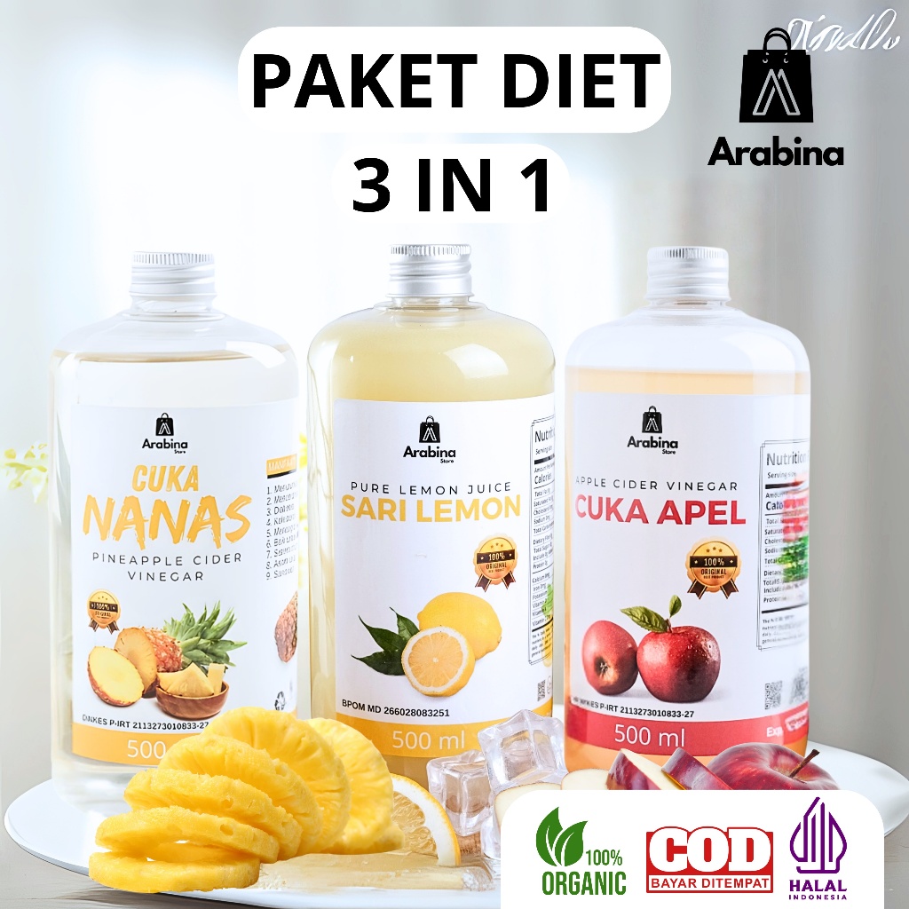 

Arabina Paket 3in1 Suplemen Diet Detoks Cupelmonas Cuka Apel Sari lemon Cuka Nanas
