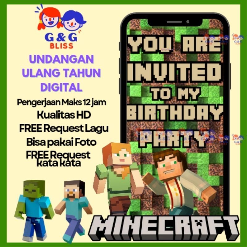 Undangan Digital Ulang Tahun Anak Laki laki Undangan Video ultah - MINECRAFT