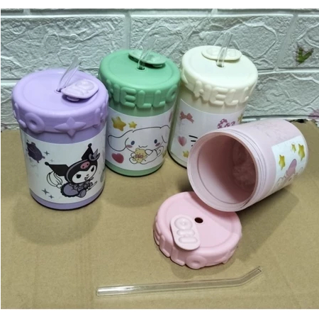 BOTOL KACA HELLO SANRIO / Gelas Kaca Karakter Sanrio dengan Box dan Sedotan /Botol Minum Lucu Sanrio
