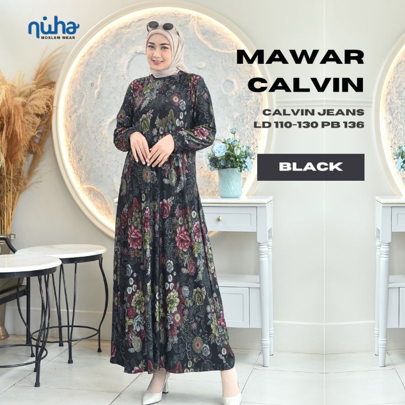 MAWAR CALVIN DRESS BY NUHA Gamis Muslim Wanita Ibu Motif Bunga Calvin Jeans Simple Kekinian Harian
