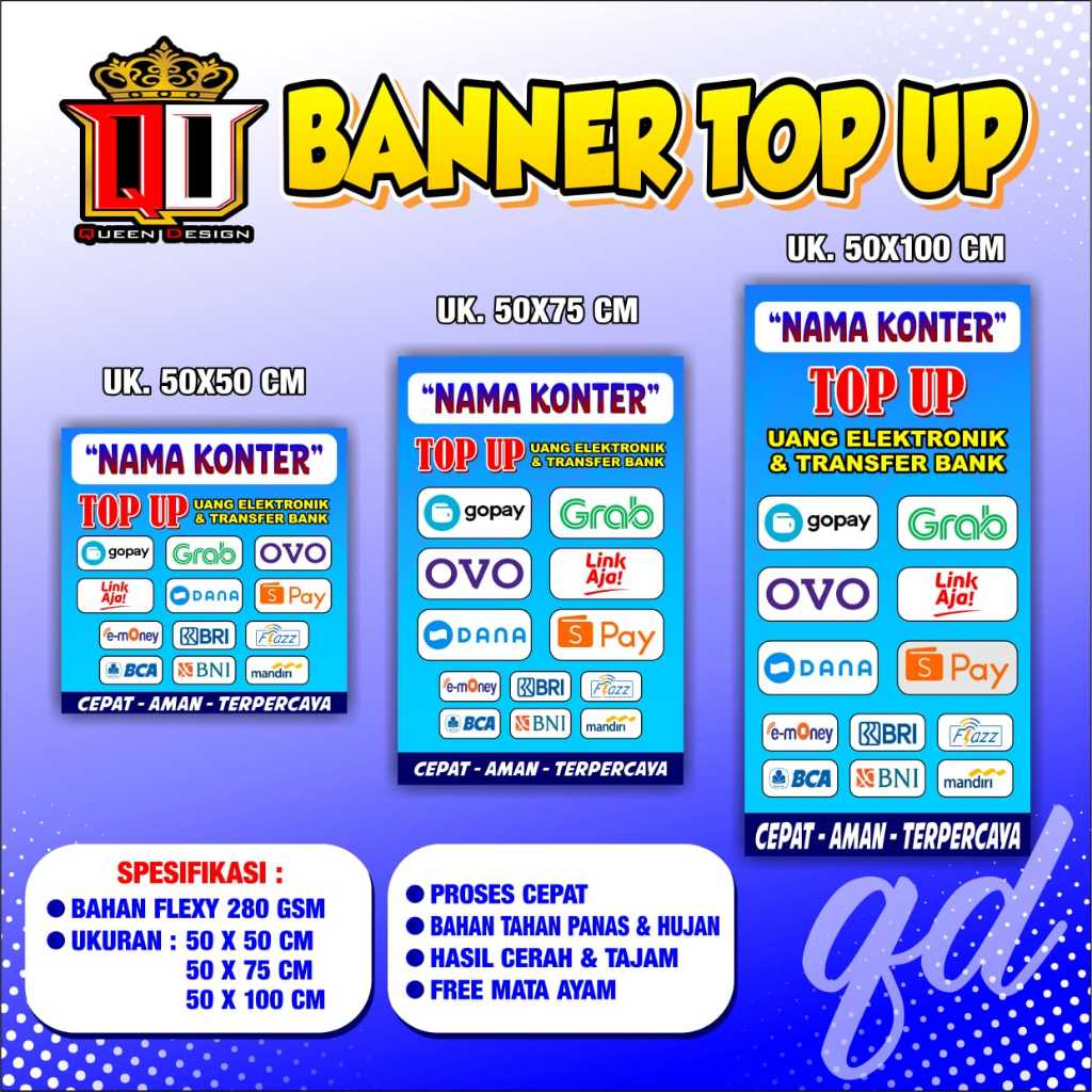 Spanduk KONTER TOP UP - Banner Mini TOP UP -Banner Konter Pulsa CUSTOM Nama Toko