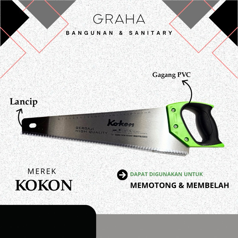 Gergaji Gagang Kayu 18” KOKON / Gergaji Papan Kayu Gagang PVC